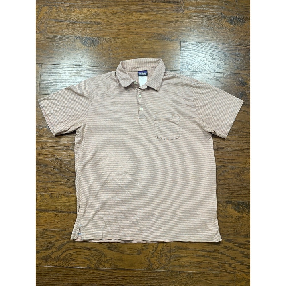 Patagonia Mens Organic Cotton Striped Short Sleeve Polo Shirt Orange Blue Large